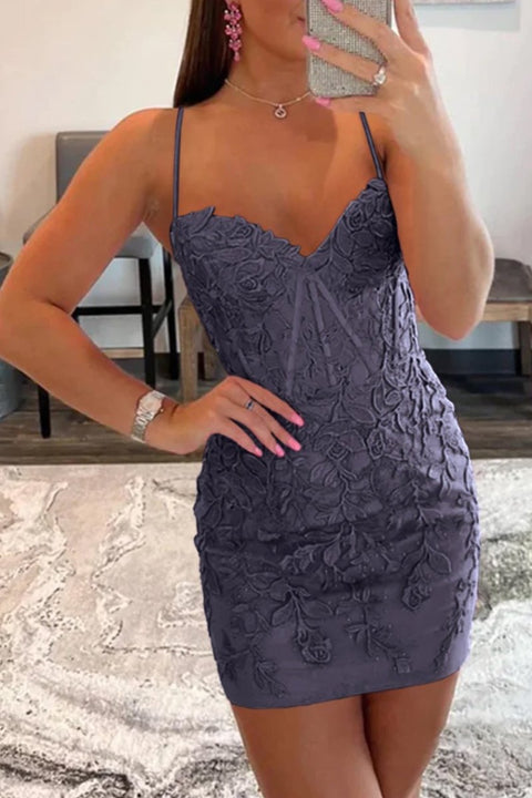 Spaghetti Straps Grey Bodycon Homecoming Dress with Appliques main image 0