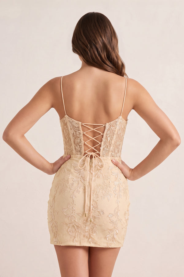 Bodycon Champagne Spaghetti Straps Tight Short Homecoming Dress with Appliques - KissProm