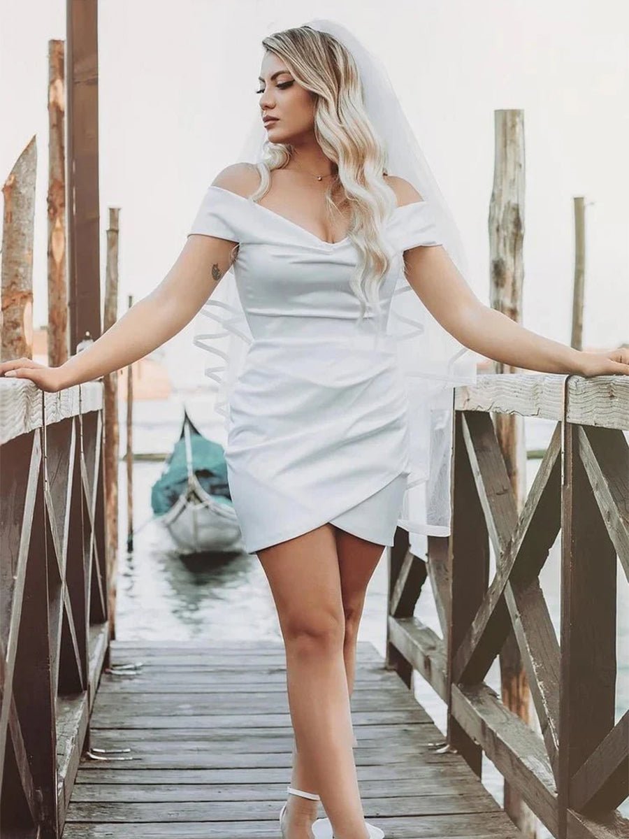 sleeveless off the shoulder women's short white wedding dresses Sheath Off-the Shoulder Satin Simple Wedding Dress Sleeveless Short Hemline, Diamond White / 14