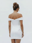 Asteria | Sheath Off - the Shoulder Satin Simple Wedding Dress Sleeveless Short Hemline - KissProm