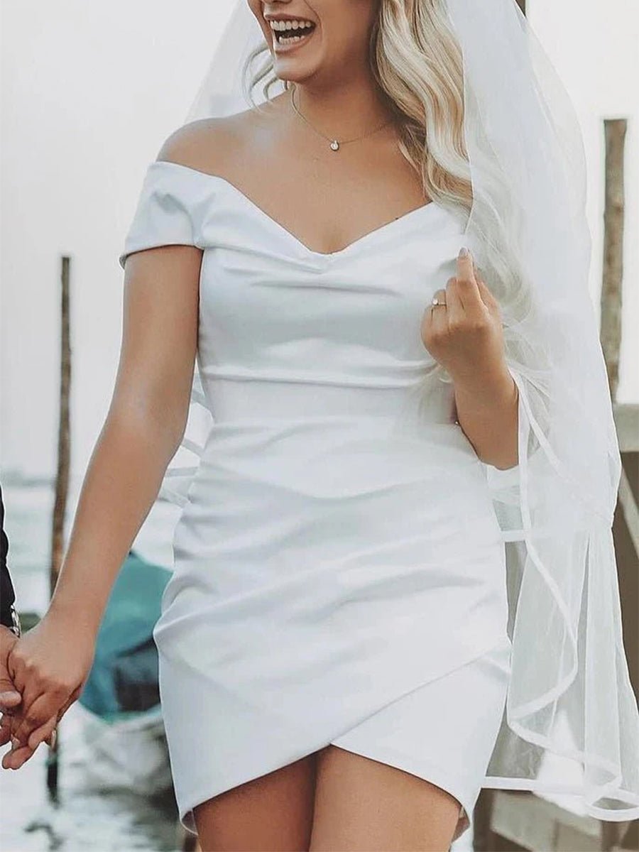 off shoulder wedding dress short Sheath Off-the Shoulder Satin Simple Wedding Dress Sleeveless Short Hemline, Diamond White / 14
