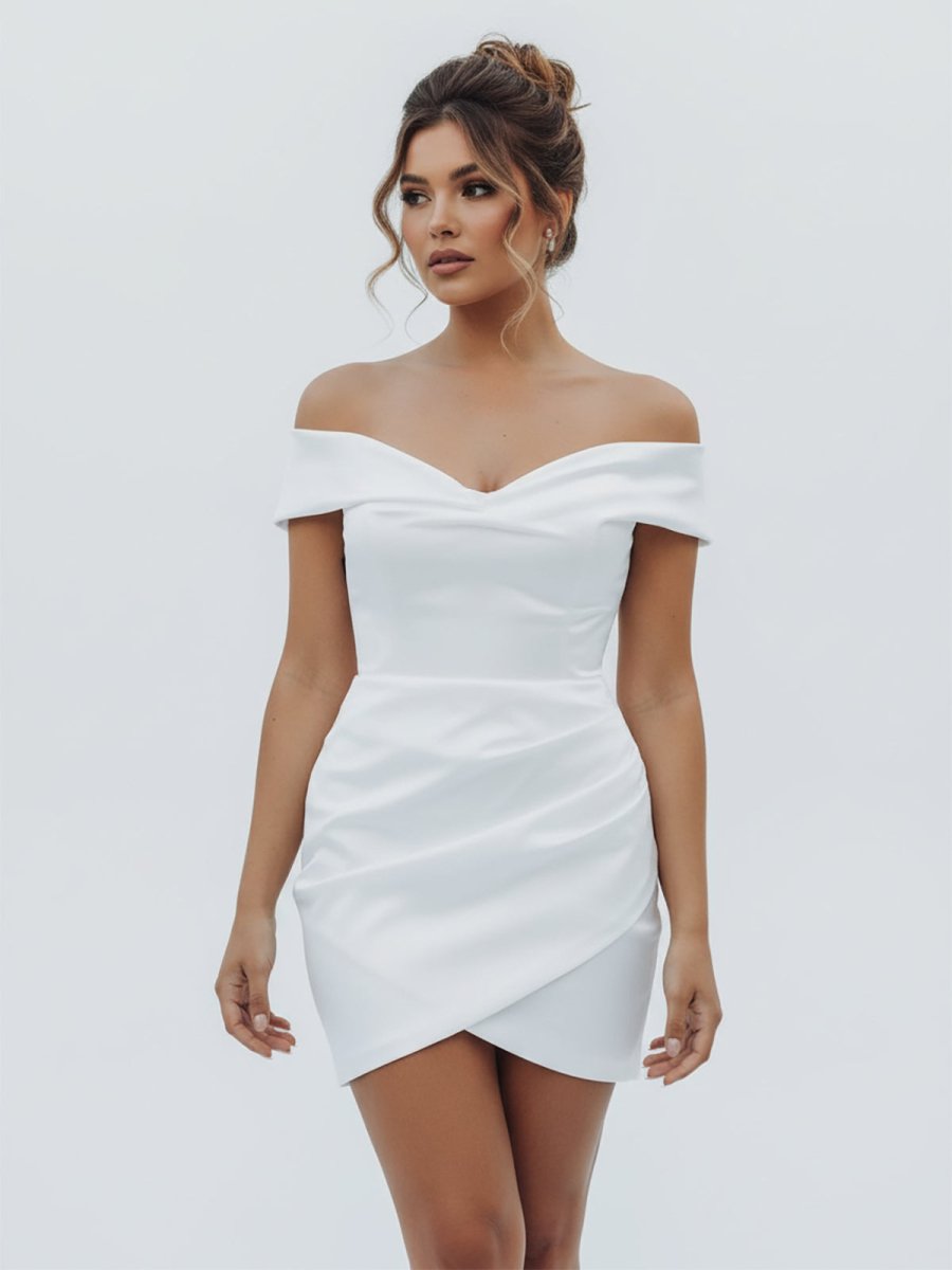 Asteria | Sheath Off - the Shoulder Satin Simple Wedding Dress Sleeveless Short Hemline - KissProm
