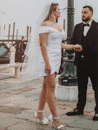 Asteria | Sheath Off - the Shoulder Satin Simple Wedding Dress Sleeveless Short Hemline - KissProm