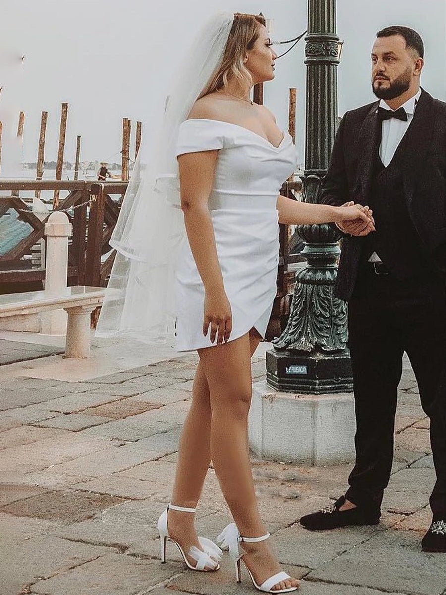 sleeveless off the shoulder women's short white wedding dresses Sheath Off-the Shoulder Satin Simple Wedding Dress Sleeveless Short Hemline, Diamond White / 14