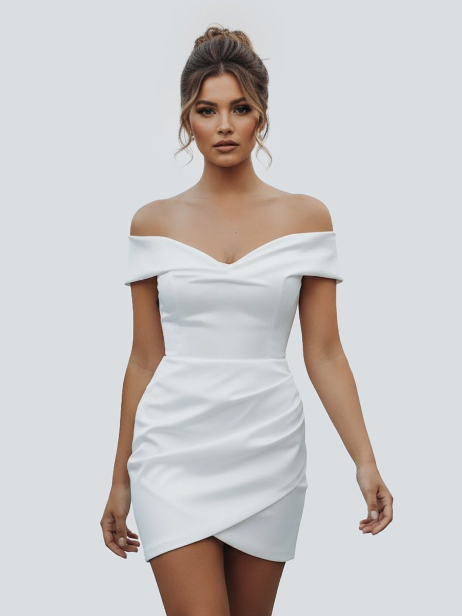 Asteria | Sheath Off - the Shoulder Satin Simple Wedding Dress Sleeveless Short Hemline - KissProm