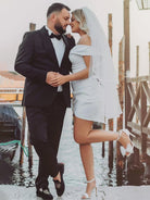 Asteria | Sheath Off - the Shoulder Satin Simple Wedding Dress Sleeveless Short Hemline - KissProm