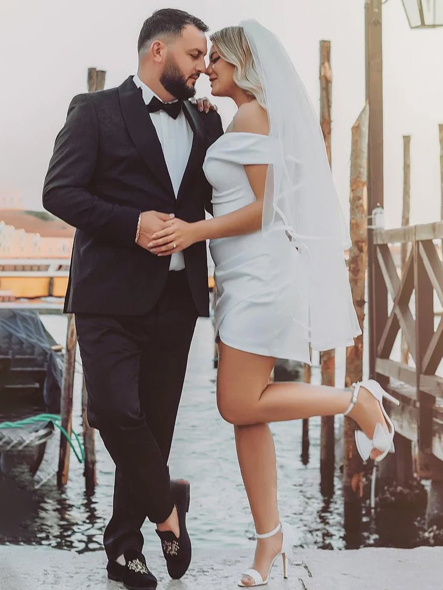 Asteria | Sheath Off - the Shoulder Satin Simple Wedding Dress Sleeveless Short Hemline - KissProm