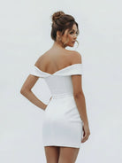 Asteria | Sheath Off - the Shoulder Satin Simple Wedding Dress Sleeveless Short Hemline - KissProm