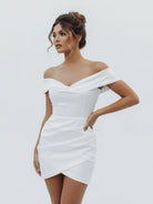 Asteria | Sheath Off - the Shoulder Satin Simple Wedding Dress Sleeveless Short Hemline - KissProm
