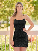 Bodycon Short Black Scoop Neck Sequins Mini Party Dresses - KissProm