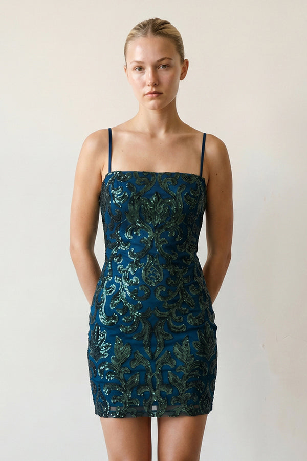 Dark Green Bodycon Spaghetti Straps Sequin Lace Mini Homecoming Dresses - KISSPROM