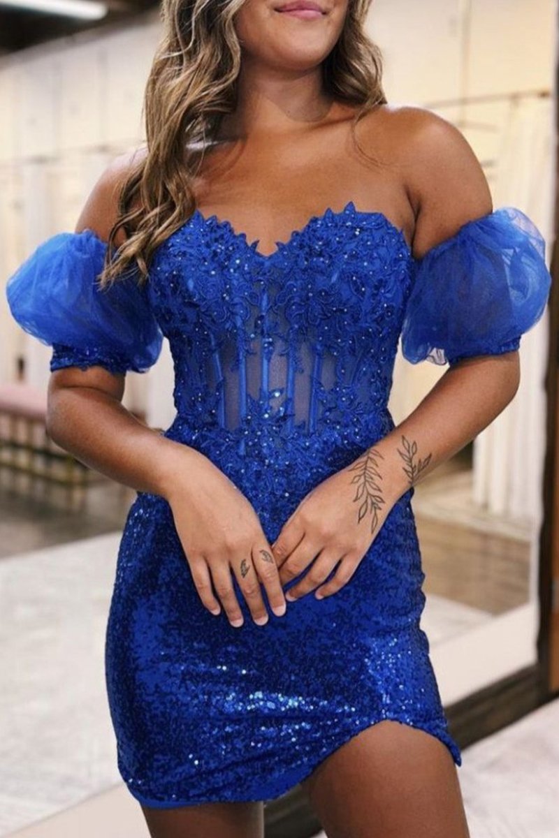 Bodycon Sparkly Sequin Strapless Short Homecoming Dress with Split