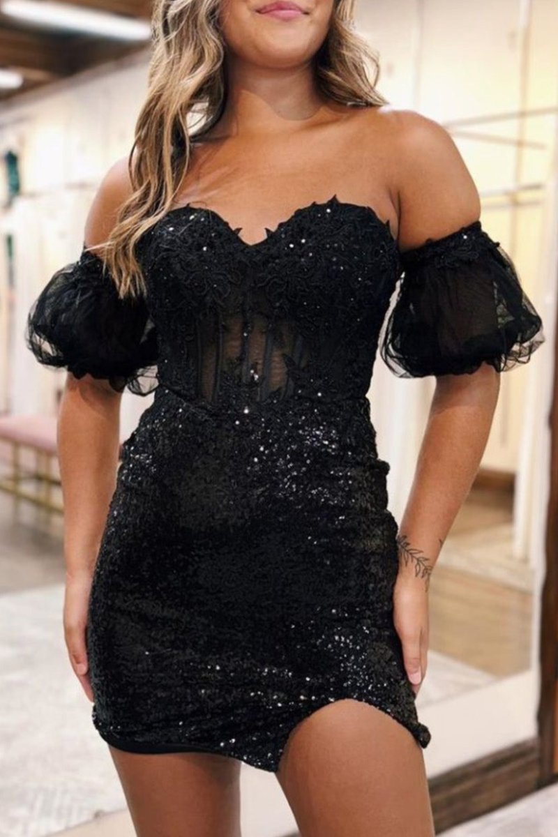 Bodycon Sparkly Sequin Strapless Short Homecoming Dress with Split