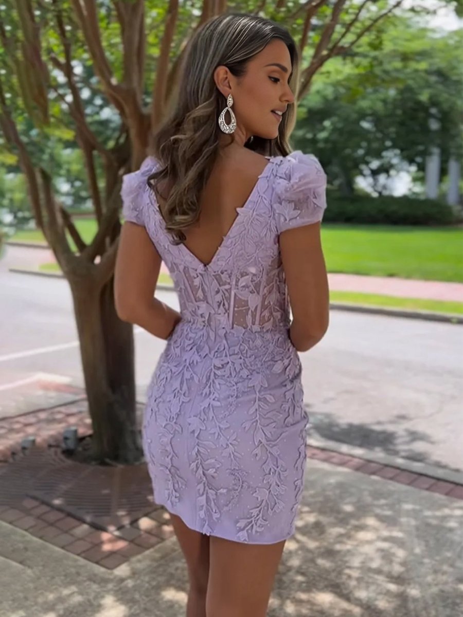 Giselle |Short Bodycon Purple Lace Homecoming Dress