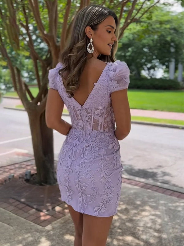 Giselle |Short Bodycon Purple Lace Homecoming Dress