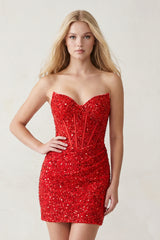 Bodycon Strapless Red Sequins Corset Mini Party Dresses - KissProm 