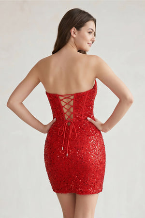 Red Bodycon Strapless Red Sequins Corset Mini Party Dresses - KISSPROM