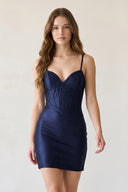 Navy Blue Bodycon V Neck Elastic Satin Short Homecoming Dresses with Beading - KISSPROM