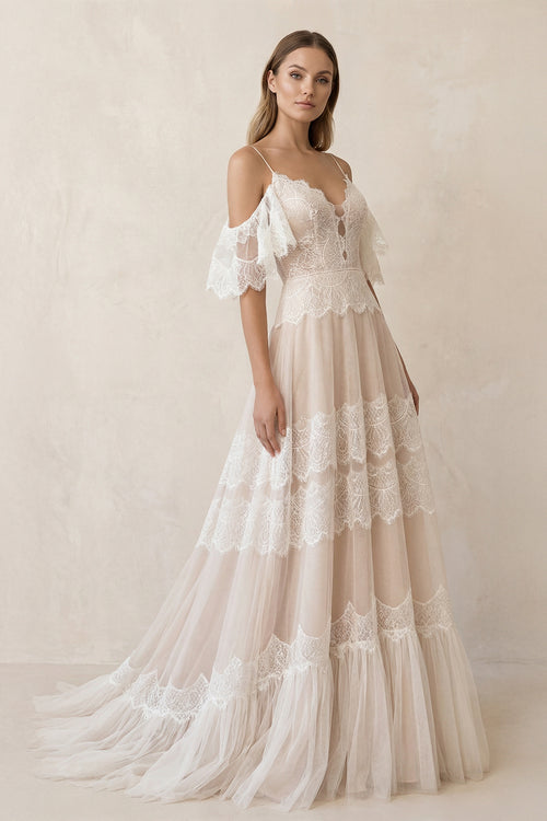 Bohemian Beach Champagne Spaghetti Straps Backless Wedding Dresses– Wedding Dresses by KissProm | Available at KissProm