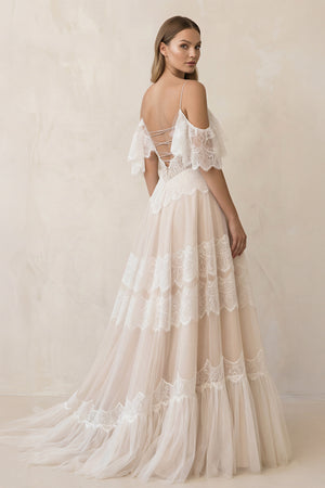 Bohemian Beach Champagne Spaghetti Straps Backless Wedding Dresses– Wedding Dresses by KissProm | Available at KissProm