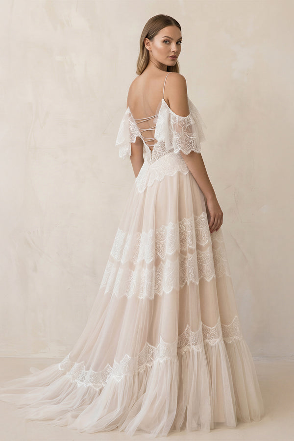 Bohemian Beach Champagne Spaghetti Straps Backless Wedding Dresses– Wedding Dresses by KissProm | Available at KissProm