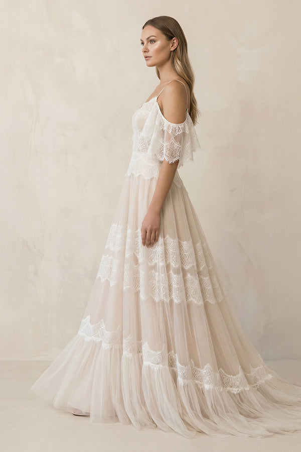 Bohemian Beach Champagne Spaghetti Straps Backless Wedding Dresses– Wedding Dresses by KissProm | Available at KissProm