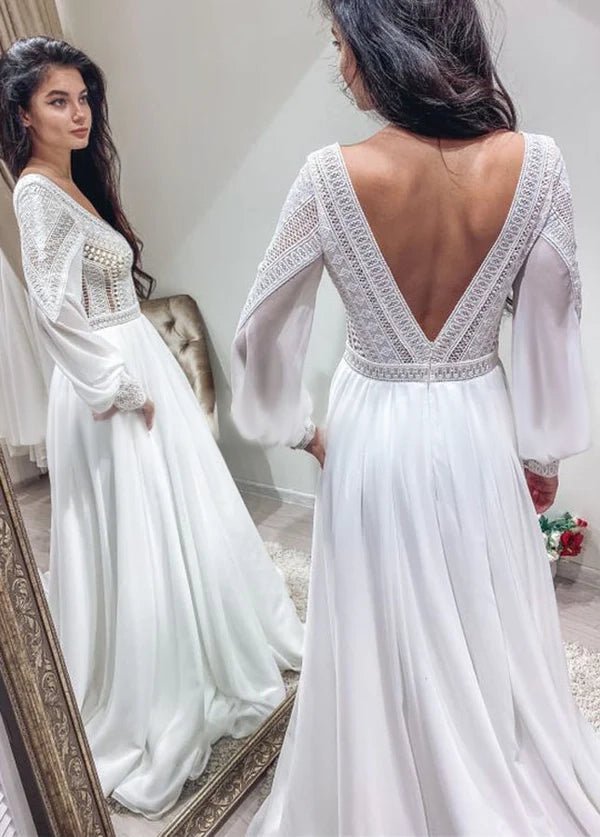 Bohemian Chiffon Backless A - Line Lace Long Sleeves Backless Wedding Dresses - KissProm