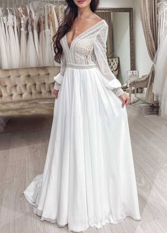Bohemian Chiffon Backless A - Line Lace Long Sleeves Backless Wedding Dresses - KissProm
