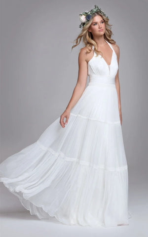 blue dress for baby girl Bohemian Halter A Line Tulle Brush Train Wedding Dress with Ruching