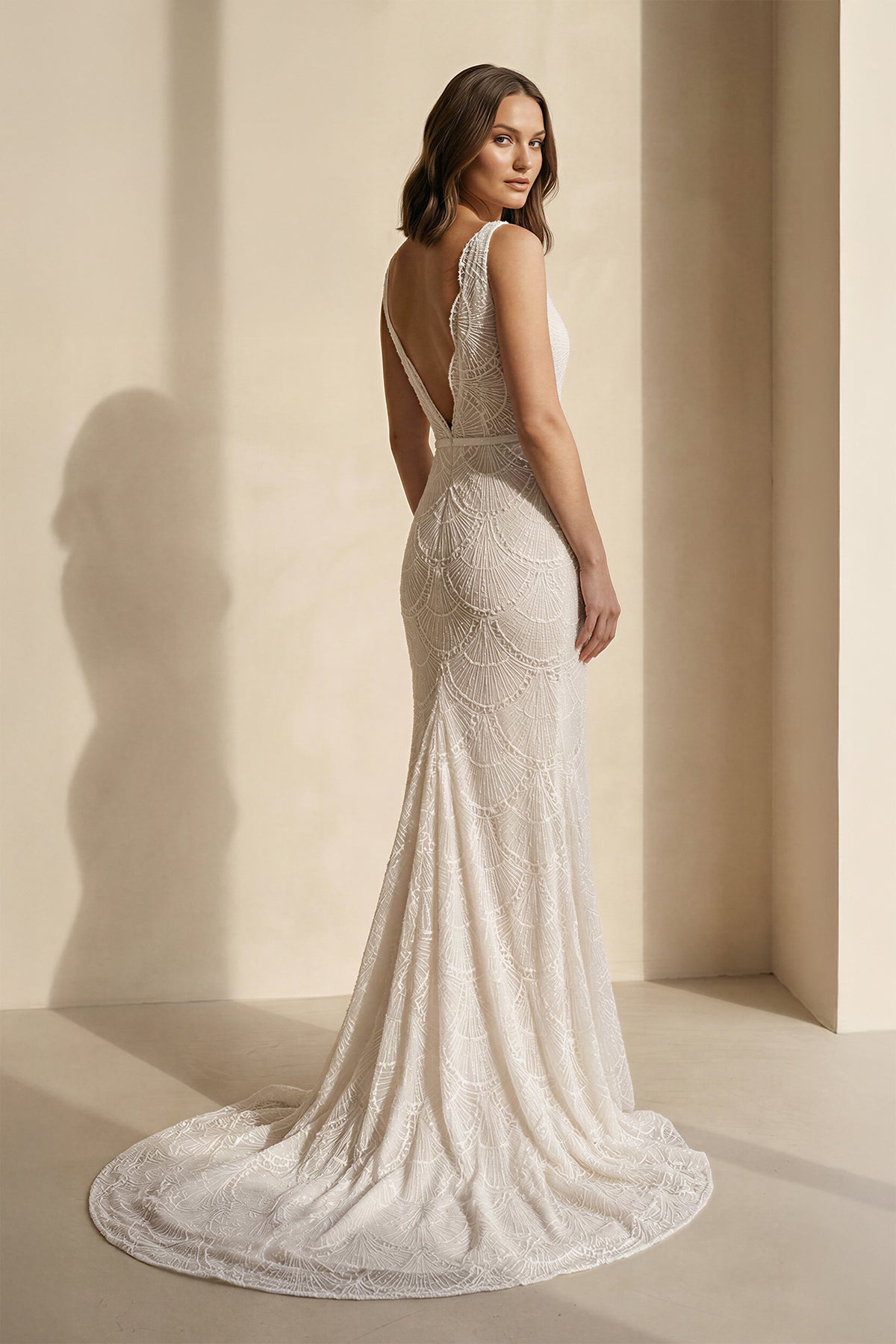 Bohemian Lace wedding Dresses Mermaid V-Neck Backless Bridal Gowns, White-Nude / Custom Size