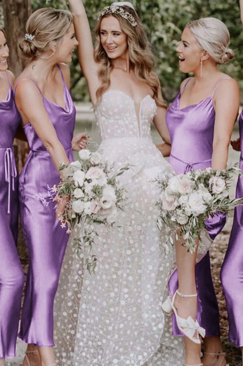 Bohemian Sheath Straps Rust Silk Satin Ankle Length Bridesmaid Dresses Lavender / 2