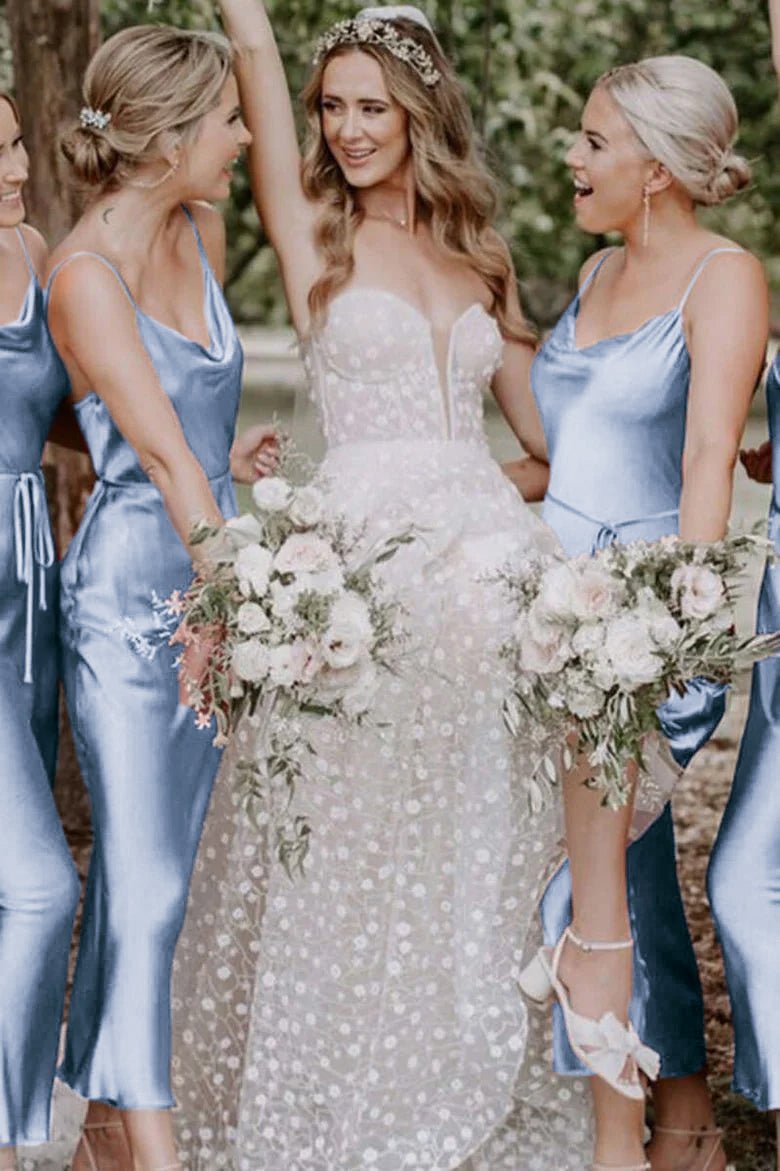 Bohemian Sheath Straps Rust Silk Satin Ankle Length Bridesmaid Dresses, Sky Blue / 8