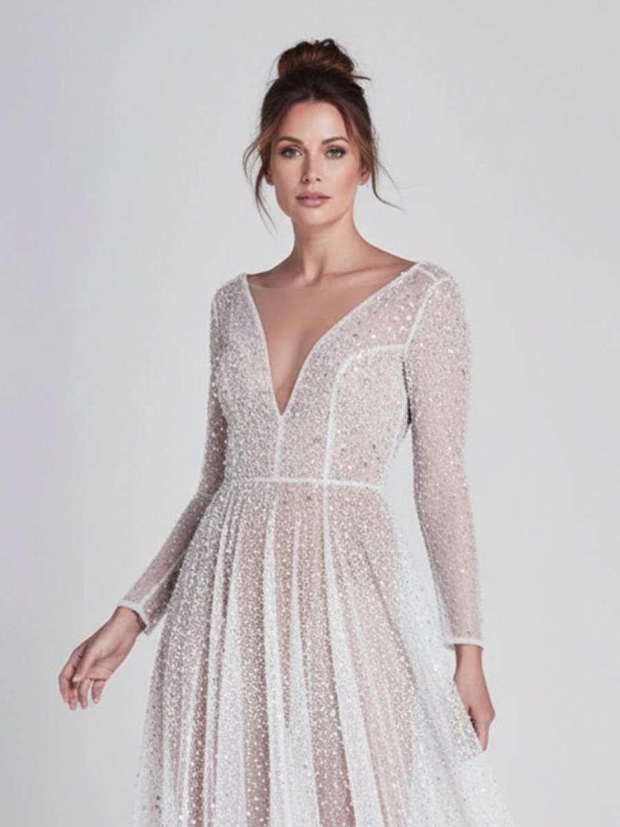 Frayah | Bohemian A - Line Sparkly Sequined Luxury Wedding Dresses - KissProm