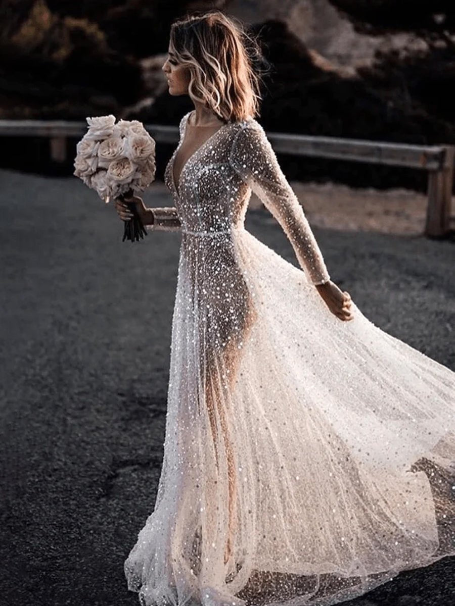 Frayah | Bohemian A - Line Sparkly Sequined Luxury Wedding Dresses - KissProm