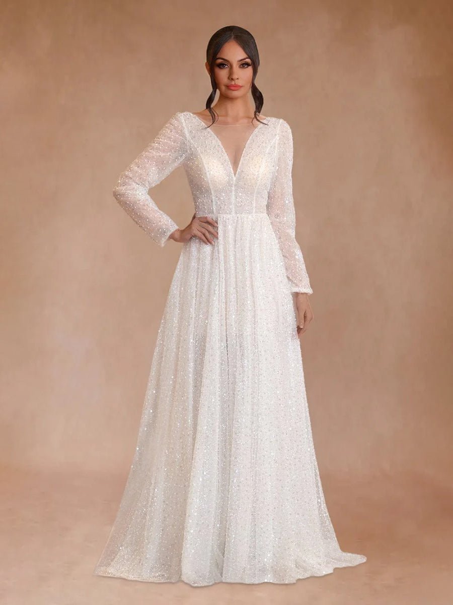 Frayah | Bohemian A - Line Sparkly Sequined Luxury Wedding Dresses - KissProm
