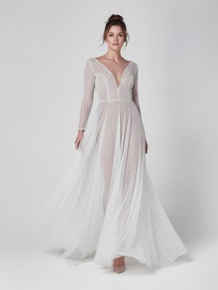 Frayah | Bohemian A - Line Sparkly Sequined Luxury Wedding Dresses - KissProm