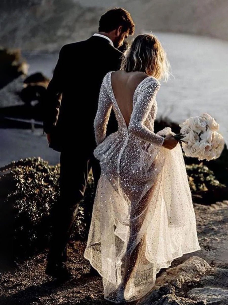 Frayah | Bohemian A - Line Sparkly Sequined Luxury Wedding Dresses - KissProm