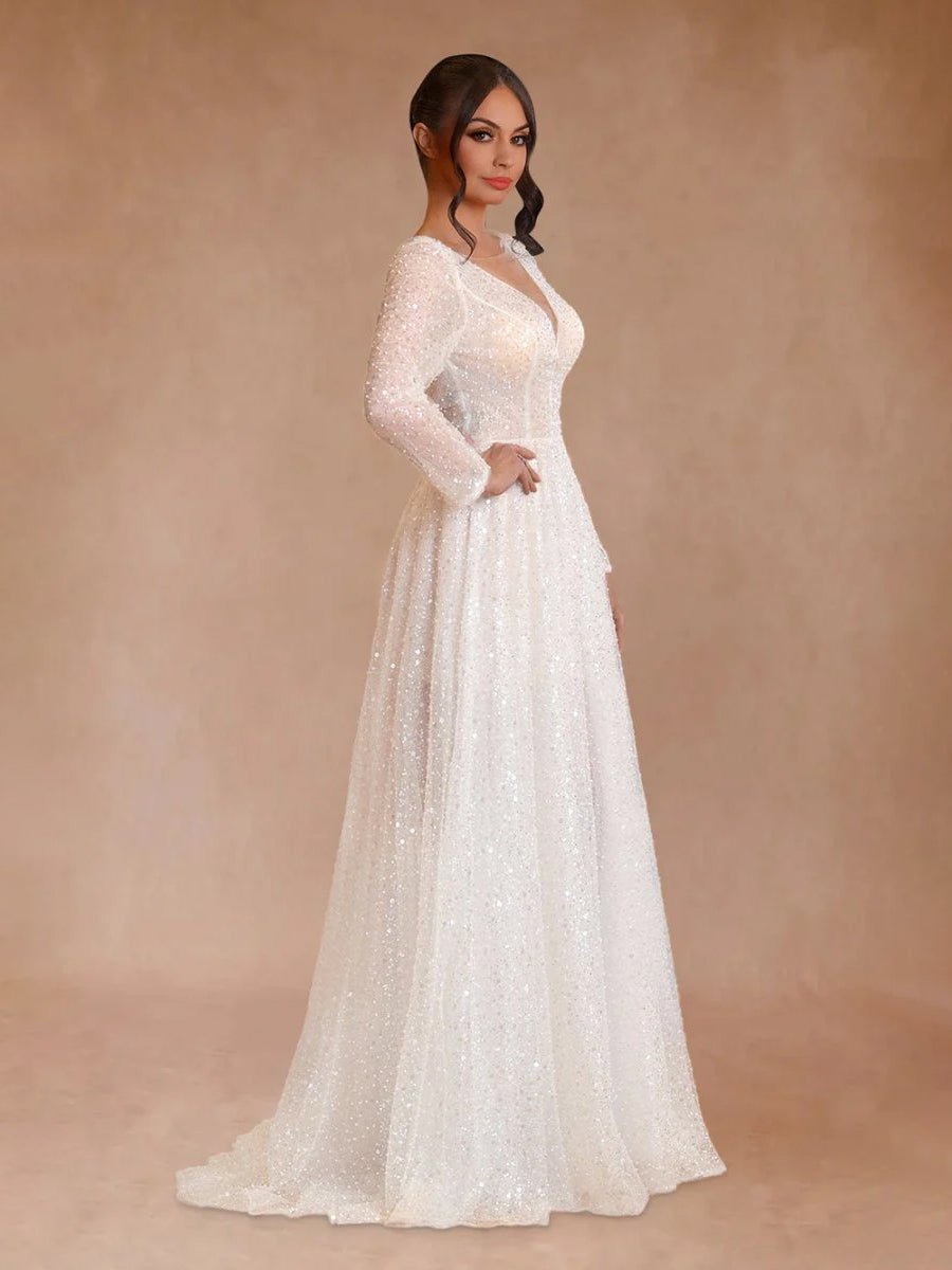 Frayah | Bohemian A - Line Sparkly Sequined Luxury Wedding Dresses - KissProm
