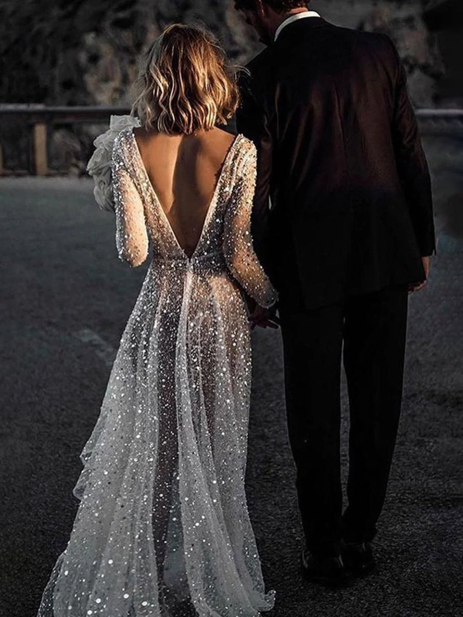 Frayah | Bohemian A - Line Sparkly Sequined Luxury Wedding Dresses - KissProm