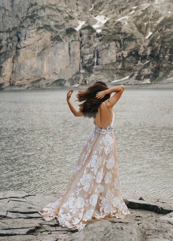 Bohemian A - Line Backless Spaghetti Straps Sleeveless Lace Emboridery Wedding Dresses - KissProm