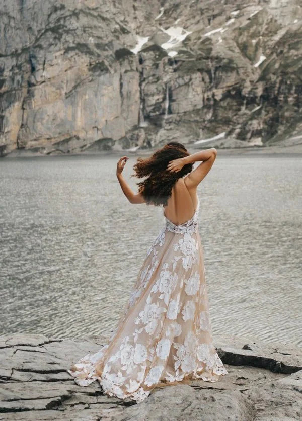 Bohemian A - Line Backless Spaghetti Straps Sleeveless Lace Emboridery Wedding Dresses - KissProm