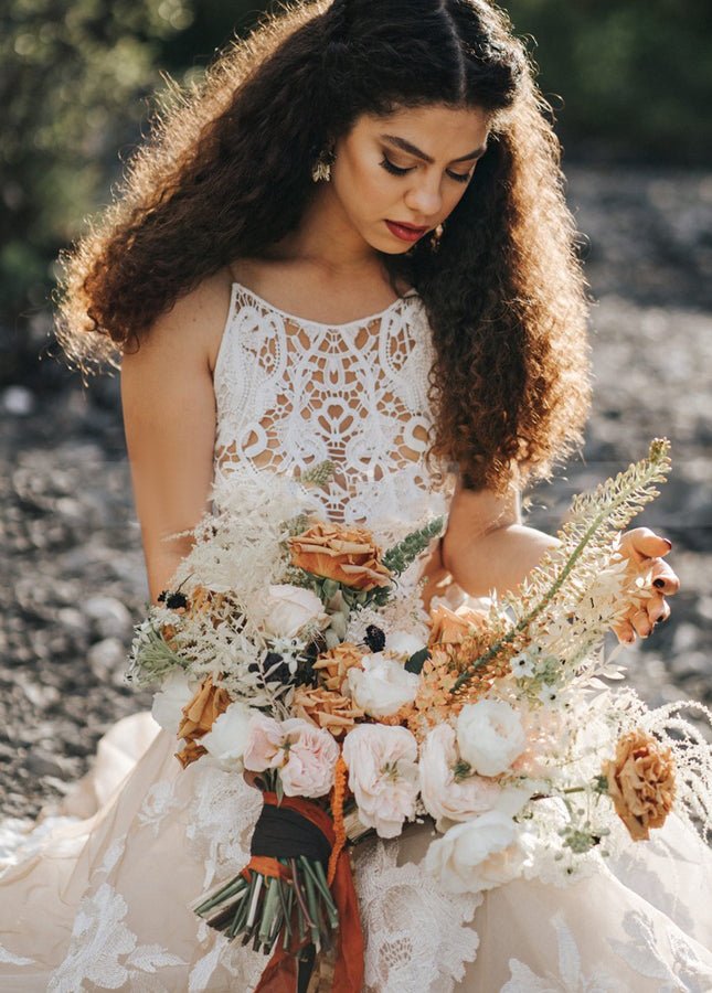 Bohemian A - Line Backless Spaghetti Straps Sleeveless Lace Emboridery Wedding Dresses - KissProm