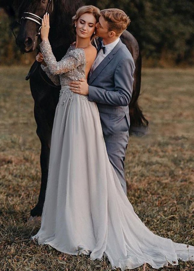 sachin and babi light blue dress Long Sleeves Lace Chiffon Wedding Dresses, Simple Country Wedding Dres –  ClaireBridal main image 1