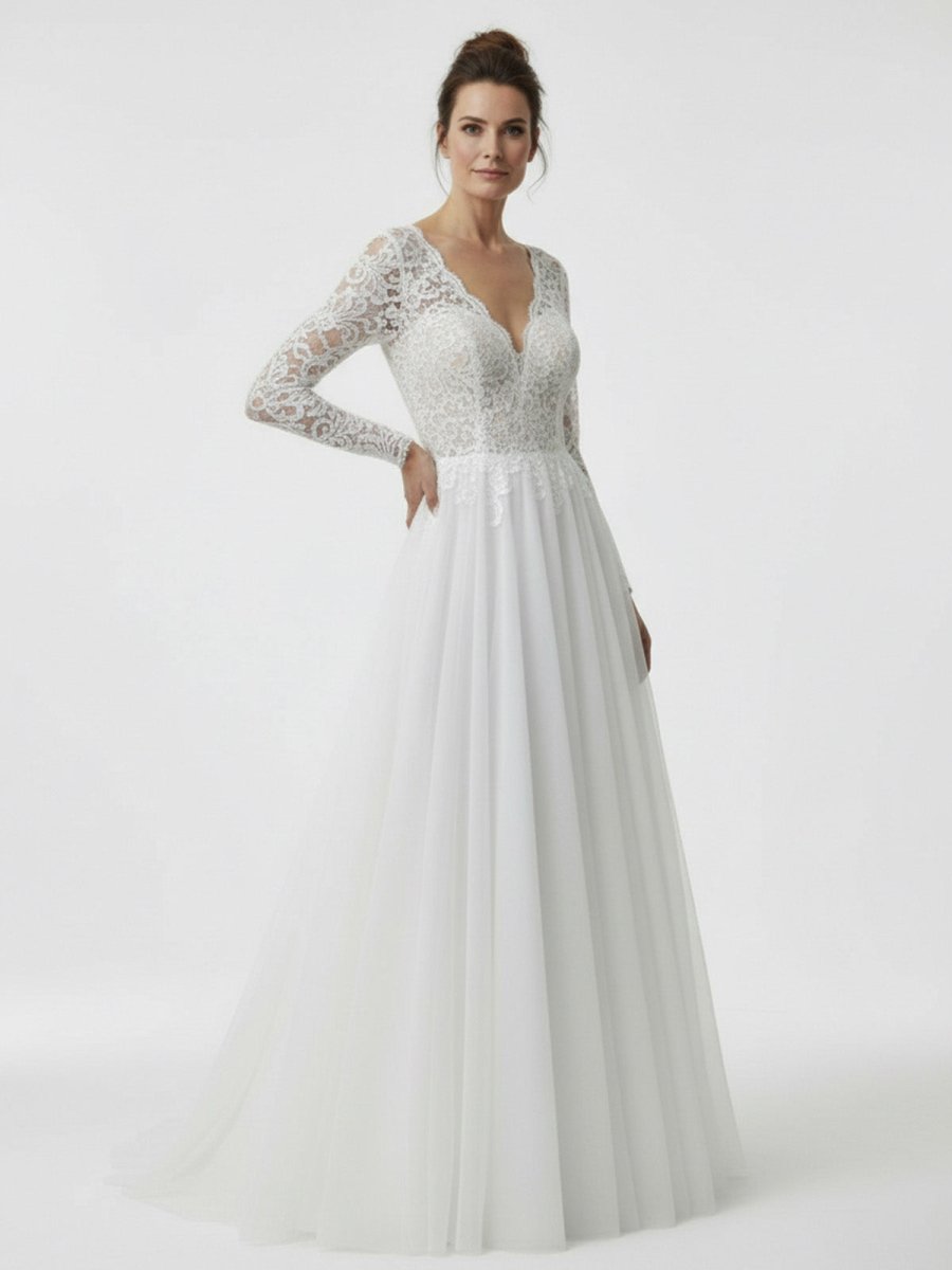 Bohemian Long Sleeves Lace Button Back A Line Modest Wedding Dresses - KissProm