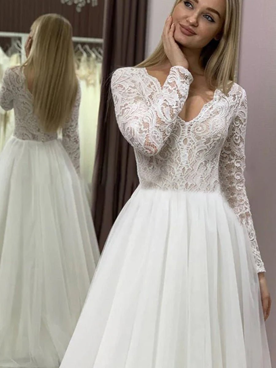 Bohemian Long Sleeves Lace Button Back A Line Modest Wedding Dresses - KissProm