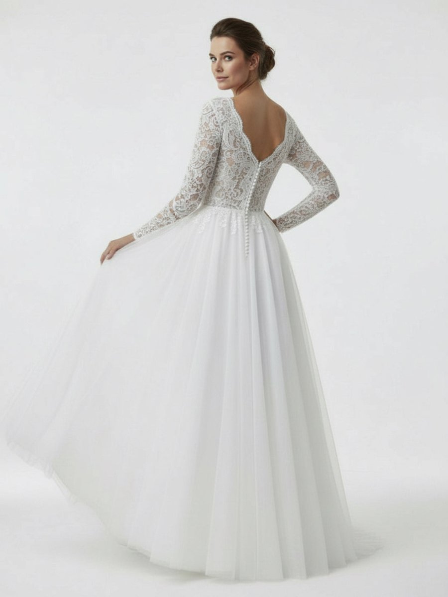 Bohemian Long Sleeves Lace Button Back A Line Modest Wedding Dresses - KissProm