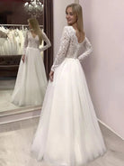 Bohemian Long Sleeves Lace Button Back A Line Modest Wedding Dresses - KissProm