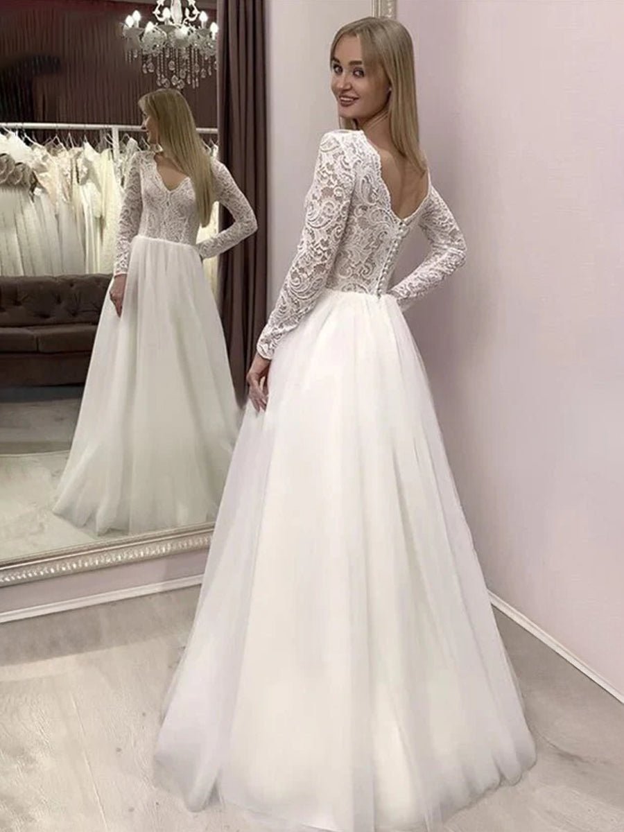 Bohemian Long Sleeves Lace Button Back A Line Modest Wedding Dresses - KissProm