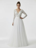 Bohemian Long Sleeves Lace Button Back A Line Modest Wedding Dresses - KissProm