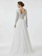 Bohemian Long Sleeves Lace Button Back A Line Modest Wedding Dresses - KissProm